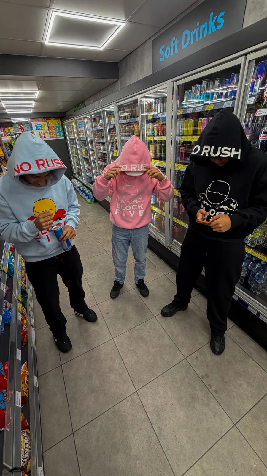 NO RUSH hood details on blue, pink and black hoodies